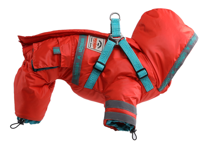 Winter Dog Onesie with Harness, Hood and Pockets